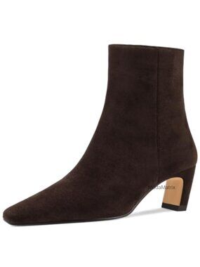 Faux Suede Chunky Low Heel Ankle Boots Square Toe Side Zip